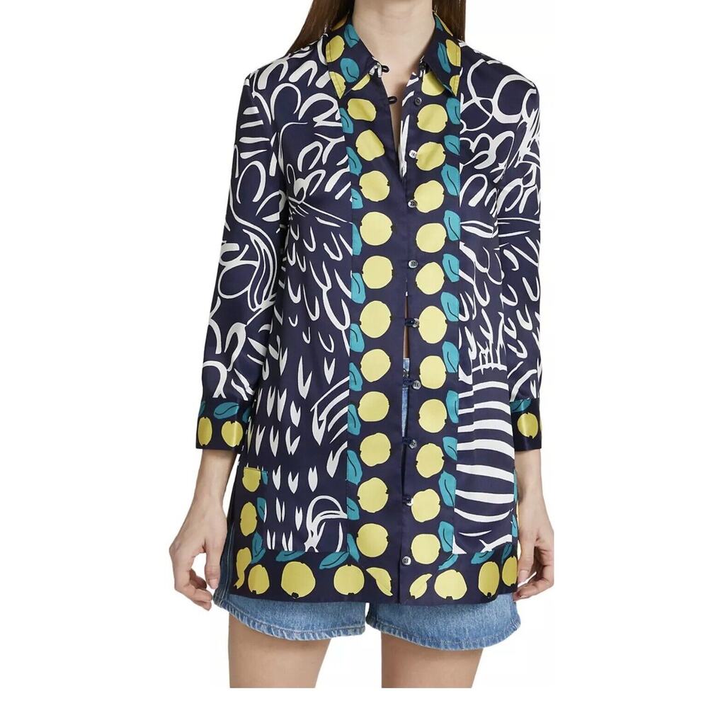 Staud Parke Lemon Print Tunic Buttons Shirt Blue/White/Yellow Large